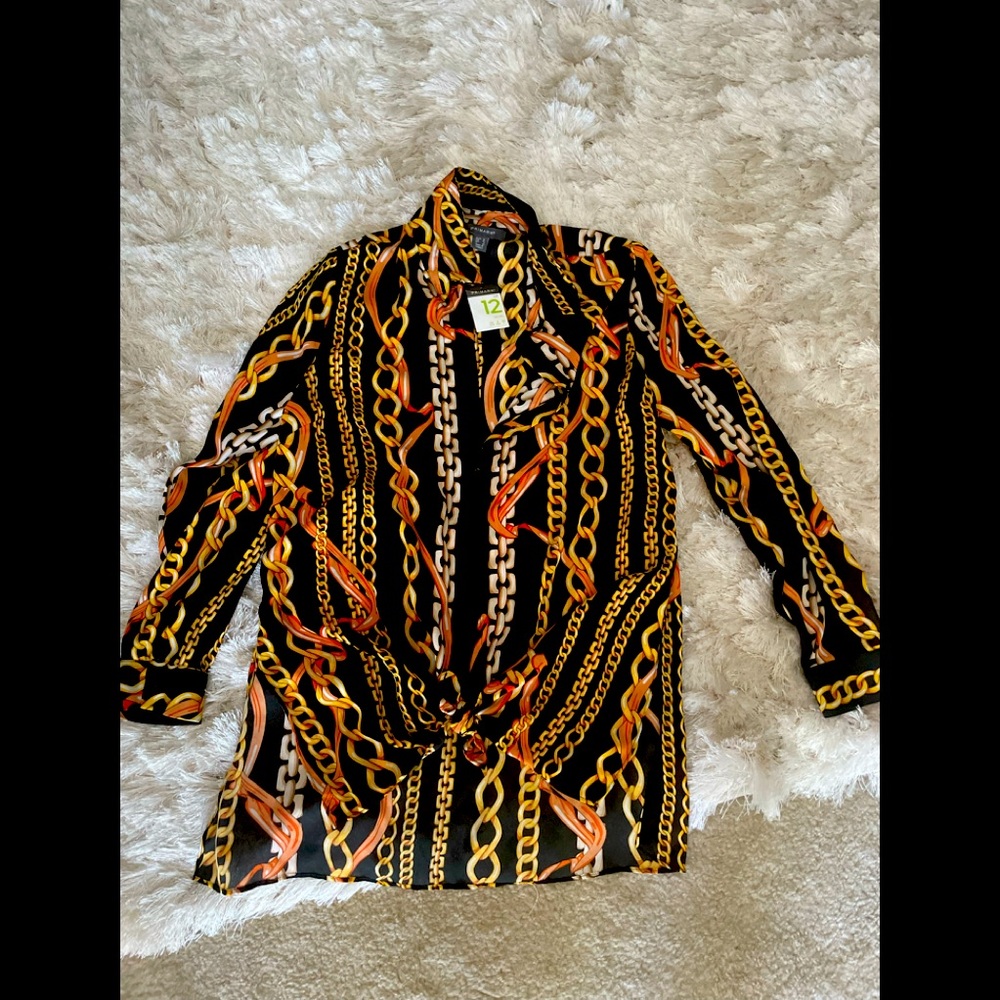 Gold chain long sleeve blouse with tie front